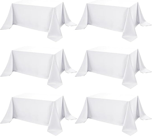 6-Pack White Tablecloths for Rectangle Tables, 90 x 132 Inches, Stain-Resistant Polyester Fabric for 8 Foot Tables - Washable Table Covers for Weddings, Banquets, Birthday Parties, Events