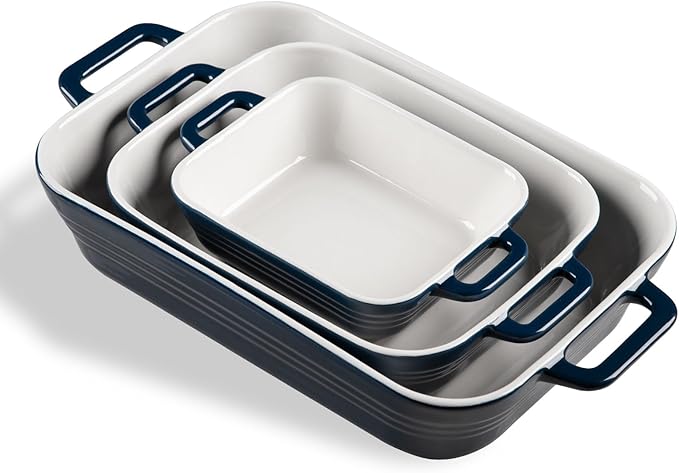Sweejar Relief Casserole Dishes for Oven, Ceramic 9x13 Baking Pans Set for Cooking, Cake, Banquet and Daily Use, Rectangular Bakeware Set, Porcelain Baking Dish, Lasagna Pan Deep with Handles(Navy)