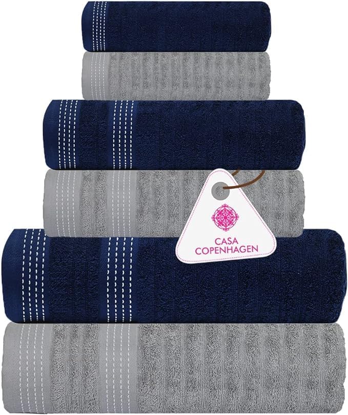 CASA COPENHAGEN Elegance 6 Pieces Ribbed Towel Set- Navy + Grey, 550 GSM 2 Bath Towel 2 Hand Towel 2 Washcloth, Designed in Denmark Made of Soft Egyptian Cotton for Bathroom, Kitchen and Shower