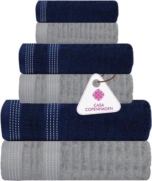 CASA COPENHAGEN Elegance 6 Pieces Ribbed Towel Set- Navy + Grey, 550 GSM 2 Bath Towel 2 Hand Towel 2 Washcloth, Designed in Denmark Made of Soft Egyptian Cotton for Bathroom, Kitchen and Shower