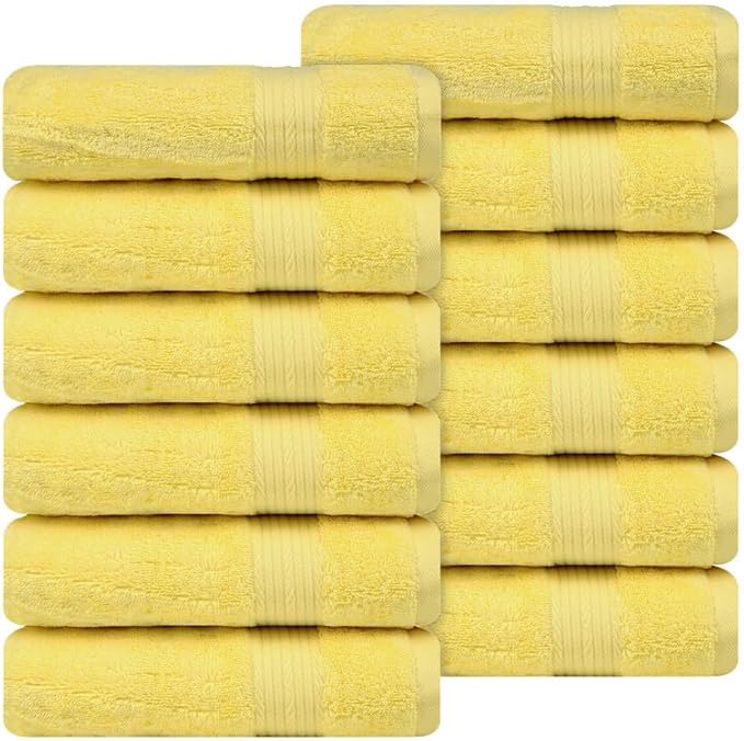 Ample Decor Hand Towel 18 X 28 Inch Pack of 12 600 GSM 100% Cotton, Oeko Tex Certified Soft Absorbent Thick Durable Premium Quality, for Hotel, Bathroom, Spa, Gym - Machine Washable - Yellow