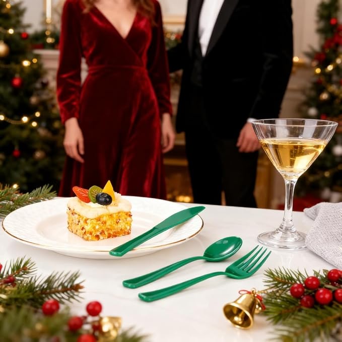 WDF 160 Pcs Green Plastic Silverware - Heavy Duty Christmas Silverware Includes 80Forks, 40Spoons, 40Knives, Green Plastic Utensils Perfect for Christmas Party or Daily Using