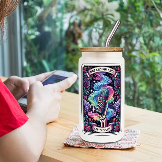 FALJIOK Skeleton Tarot Card 16 oz Glass Cups with Lids Straws, Witchy Gifts for Women, Gothic Gifts, Spooky Skeleton Birthday Gift for Witchy Friends, Halloween Skull Tumbler