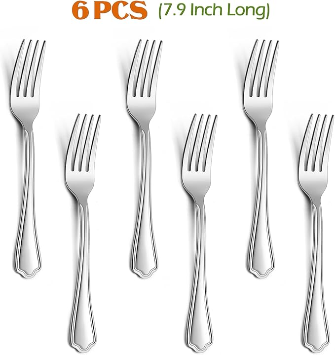 Dinner Forks Set of 6, E-far 7.9 Inch Stainless Steel Forks for Home, Kitchen or Restaurant, Non-toxic & Mirror Polished, Scalloped Edge & Dishwasher Safe