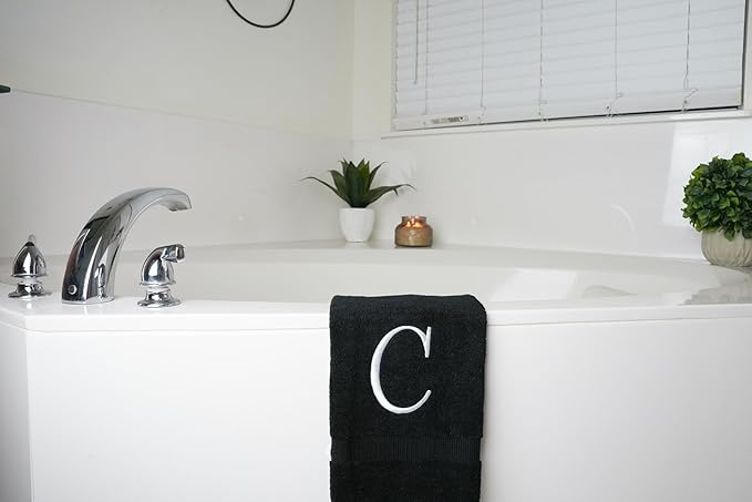 Black Initial Hand Towel for Bathroom - Monogrammed Luxury Hotel Quality Decorative Embroidered Towel for Powder Room, Spa - GOTS Organic Certified - Pack of 2 - Letter C