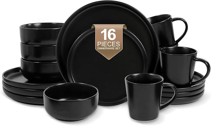 EWFEN 16-Piece Ceramic Dinnerware Sets with Mugs for 4, Black Plates and Bowls Set with Classic Design, Scratch Resistant Dishes Set, Dishwasher & Microwave Safe