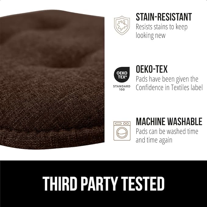 GORILLA GRIP Slip Resistant Tufted Chair Cushions, No Ties Required, Memory Foam Pads for Dining Room Kitchen Table, Office, Rocking Chairs, Plush Seat Cushion Pad, Home Decor, Set of 4, 16x17, Brown