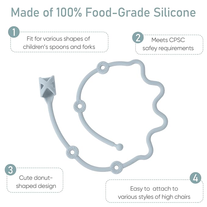 Toddler Utensils，Silicone Stretch Lids for Fork and Spoon,Holder Strap Food Grade Silicone Keep Fork and Spoon Off The Floor Great for Baby and Kids Dishwasher Safe(Green and Blue)