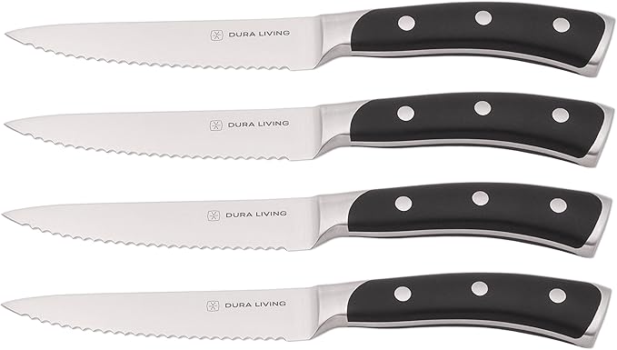 DURA LIVING 4-Piece Serrated Kitchen Steak Knife Set – Forged High Carbon Stainless Steel, Ultra Sharp, Ergonomic Black Handles, Durable Dinner Knives, Black Handle
