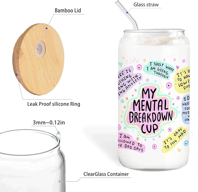 Positive Mental Health Gifts - My Mental Breakdown Cup Glass Cup with Lids and Straws 14oz, Inspirational Daily Affirmations for Women, Glass Coffee Tumbler Drinking Jars with Cleaning Brush