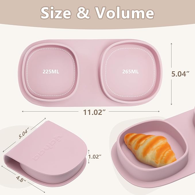 Silicone Foldable Novelty Dinner Plates,Baby Plates Travel Essential with Forks and Spoons,Microwave & Dishwasher Safe,Matte Pink