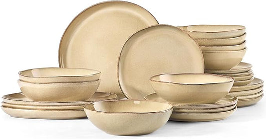 Herogo Dinnerware Sets for 8, 24pcs Stoneware Dinner Dish Set, Irregular Handmade Plates and Bowls Dishware, Crack and Scratch Resistant, Microwave & Dishwasher Safe, Cream Khaki