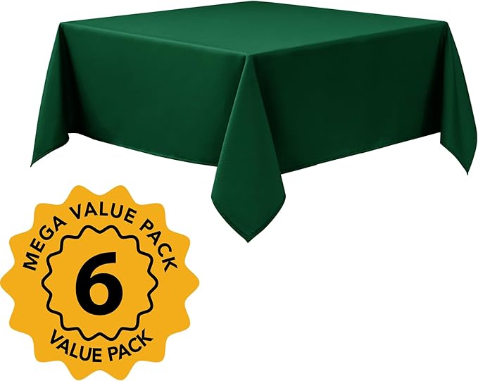 6-Pack Hunter Green Tablecloths for Square Tables, 70 x 70 Inches, Stain-Resistant Polyester Fabric for 3 Foot Tables - Washable Table Covers for Weddings, Banquets, Birthday Parties, Events