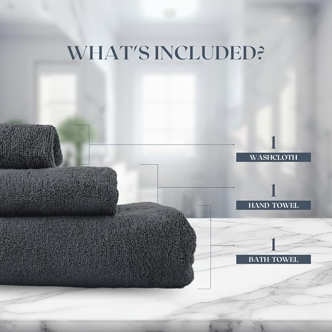 Egyptian Cotton Towel Set - 3 Piece | Ultra Soft 100% 600 GSM Towels | 1 Bath, 1 Hand, 1 Washcloth | Quick Dry, Durable for Bathroom, Home, Spa, Gym | Premium Towel Set (Dark Gray)