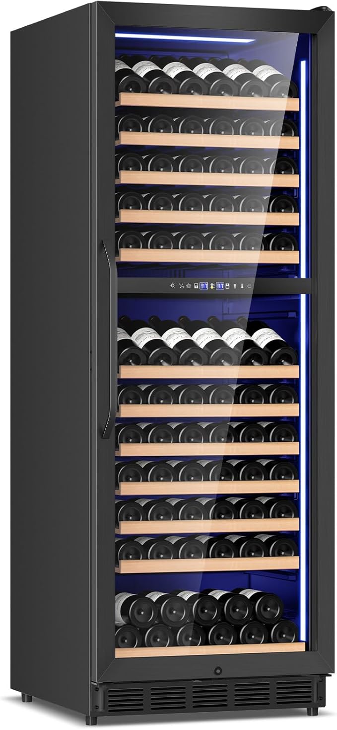 Wine Fridge Dual Zone, Freestanding Wine Cooler Refrigerator 180 Bottles Large Capacity with Sliding Rail Wooden Shelves and Door Lock, Black