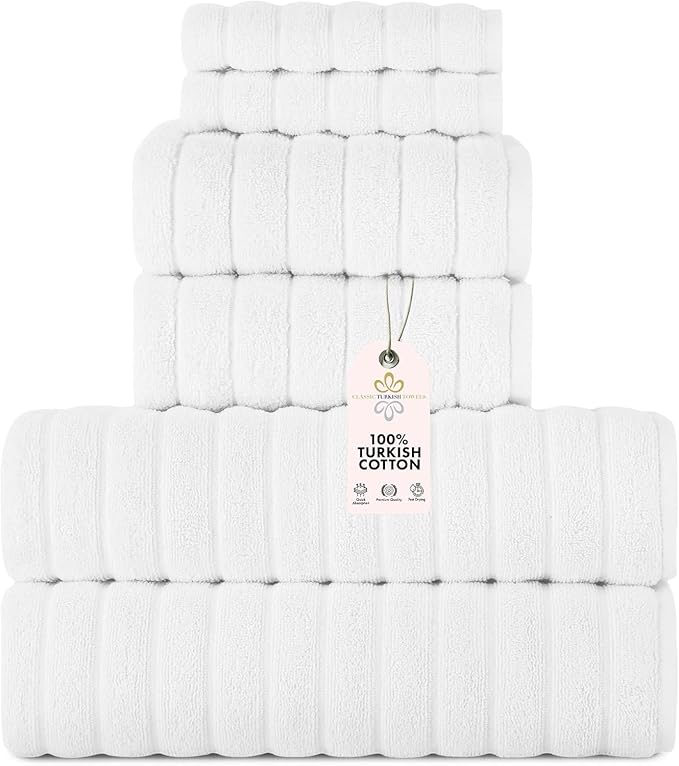 Classic Turkish Towels CTT Luxury 6 Piece Towel Set, 100% Turkish Cotton, Quick Drying, Highly Absorbent & Comfy, Includes 2 Bath Towels, 2 Hand Towels & 2 Washcloths | (White)
