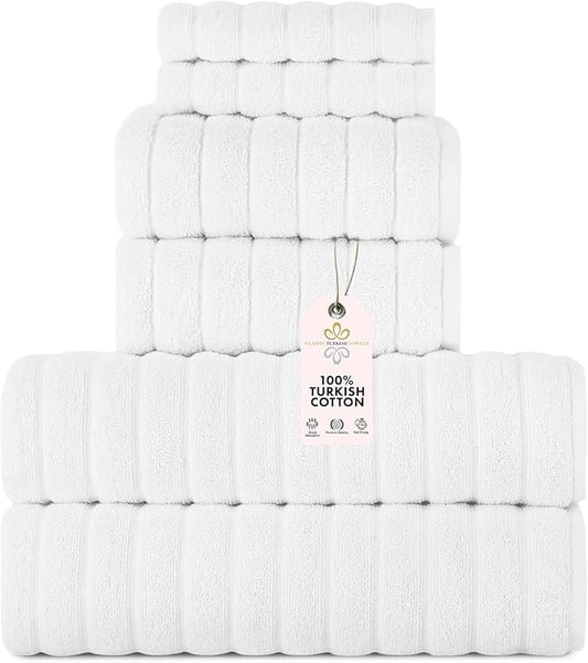 Classic Turkish Towels CTT Luxury 6 Piece Towel Set, 100% Turkish Cotton, Quick Drying, Highly Absorbent & Comfy, Includes 2 Bath Towels, 2 Hand Towels & 2 Washcloths | (White)