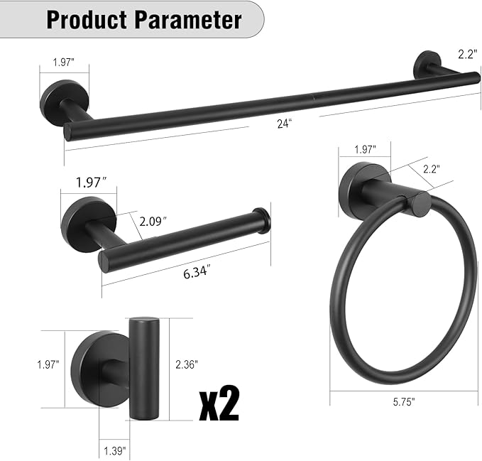 5-Piece Towel Racks for Bathroom, Stainless Steel Bathroom Accessories Set, Bathroom Towel Holder Wall Mounted, Sturdy Bath Towel Bar Set Bathroom Hardware Set (Matte Black)