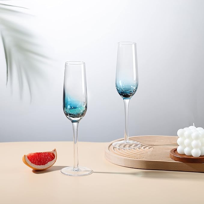 Joeyan Handmade Blue Crackle Champagne Flutes Glasses,Unique Aesthetics Glassware Art Decoration,Home Bar Essentials and Gifts for Wedding Anniversary,Set of 2,6.5 oz