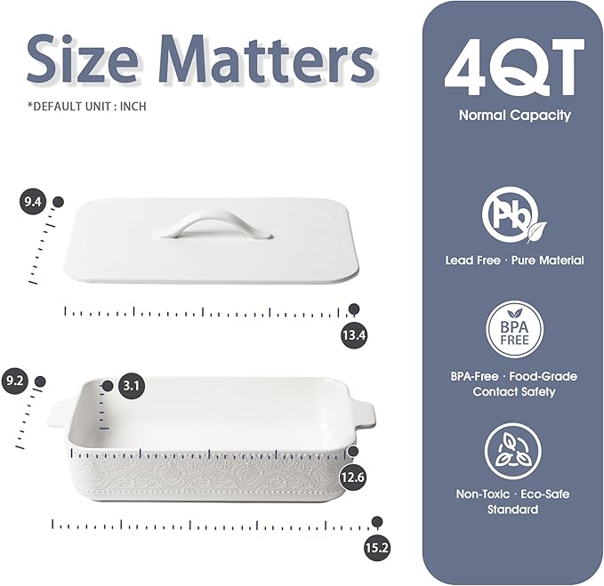Casserole Dish with Lid, Ceramic 9x13 Casserole Dish for Oven, Rectangular Bakeware, Large Baking Dish with Handles for Holiday Cooking, Roasting, Baking, Oven & Microwave Safe (White)