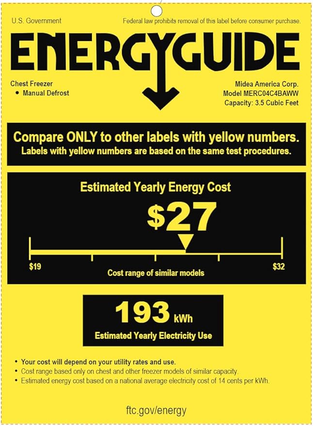 Midea MERC04C4BAWW Chest Freezer, 3.5 Cubic Feet Freezer With Removable Basket, Interior LED Light, Adjustable Temperature, For Kitchen Apartment Office, White