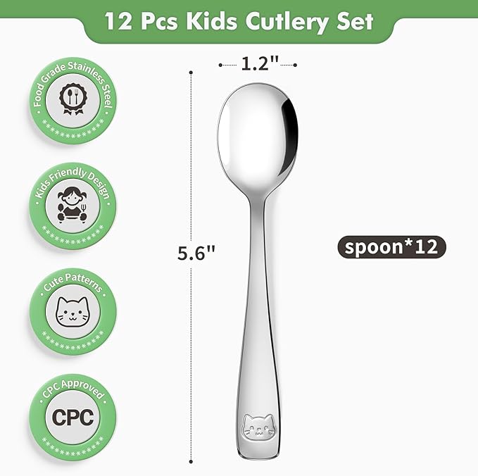 DRKIO Stainless Steel Toddler Spoons Set - 12 Pieces Kids Spoons Set Children Safe Food Grade Kids Silverware Small Spoon Metal Toddler Utensils Dishwasher Safe Mirror Polished
