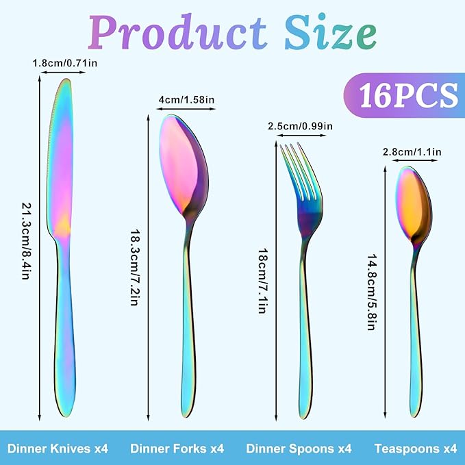 16PCS Rainbow Silverware Set, Stainless Steel Colorful Cutlery Set Include Knife Fork Spoon, Mirror Polished Reusable Tableware Utensil Sets for Home Restaurant Kitchen(Dishwasher Safe)
