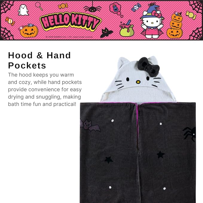Sanrio Hello Kitty Skeleton Halloween Kids Super Soft Bath/Pool/Beach Soft Cotton Terry Hooded Towel Wrap, 24 in x 50 in, (Officially Licensed Product) by Franco