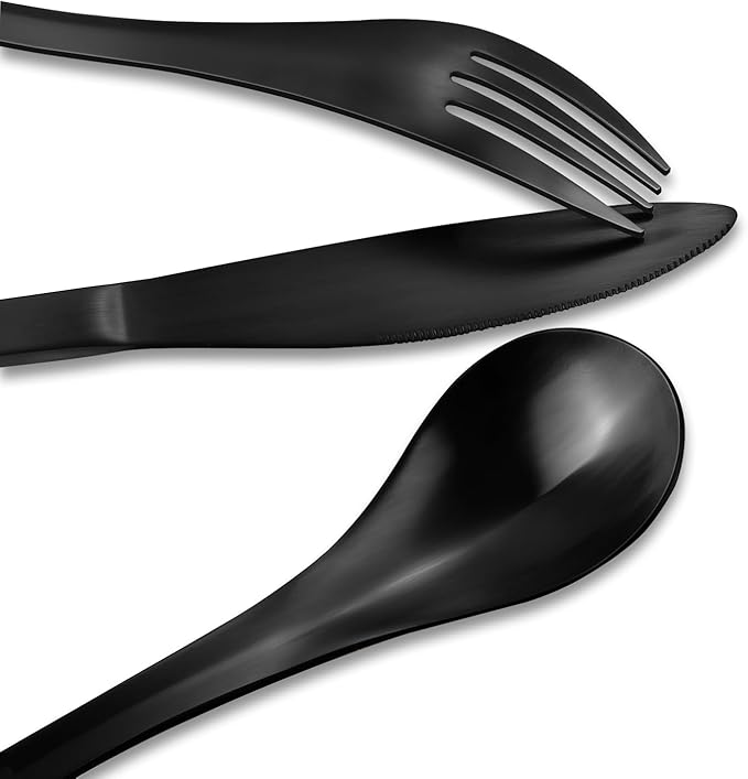 Bysta 24 Piece Black Silverware Set, Knife Fork Spoon Set, Stainless Steel Flatware Cutlery Set, Kitchen Utensil Set Service for 8, Tableware Set for Home and Restaurant, Dishwasher Safe, Satin Finish