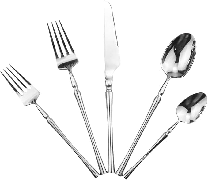 Gugrida Silver Silverware Set, 5-Piece 18/10 Stainless Steel Flatware Cutlery Set for 1,Mirror Finish, Ideal for Wedding Festival Party Home Kitchen, Dishwasher Safe