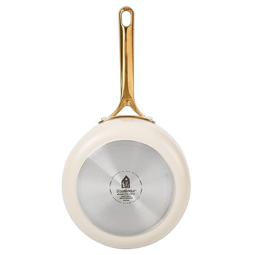bloomhouse - Two Time Oprah's Favorite Things Winner - 8 Inch Heavy Duty Aluminum Premium PFA Free Ceramic Nonstick Saute/Deep Frying Pan Skillet - Almond Cream w/Gold Handle