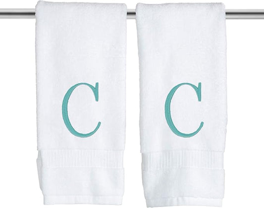 Teal Initial Hand Towel for Bathroom - Monogrammed Luxury Hotel Quality Decorative Embroidered Towel for Powder Room, Spa - GOTS Organic Certified - Set of 2 Letter C