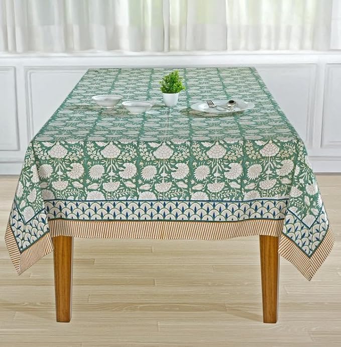 Ridhi Turquoise Moss Green Hand Block Print Cotton Rectangle Tablecloth 160" x 72" inches Reusable Table Cover Decorative Everyday Use for Dining, Farmhouse, Home, Party, Festive, Wedding, Fall