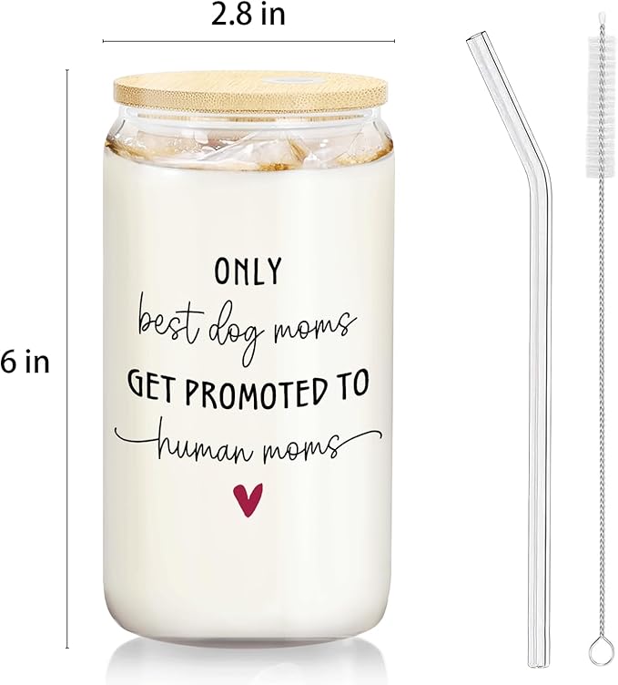 Dog Mom Baby Announcement Glass Cup with Lids and Straws 14oz, Gifts for Pregnant Women Mom to Be, Pregnancy Announcement Gifts Glass Iced Coffee Tumbler Drinking Jars with Cleaning Brush