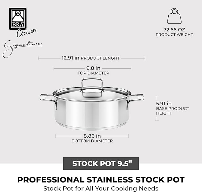 BRA COOKWARE Signature Stainless Steel Stock Pot w/Glass Lid | 9.5 Inch 4 Quart Professional Grade Cooking Pot | PFOA Free Deep Pot | All Cooktops | All Cooktops (incl. Induction) & Oven Safe