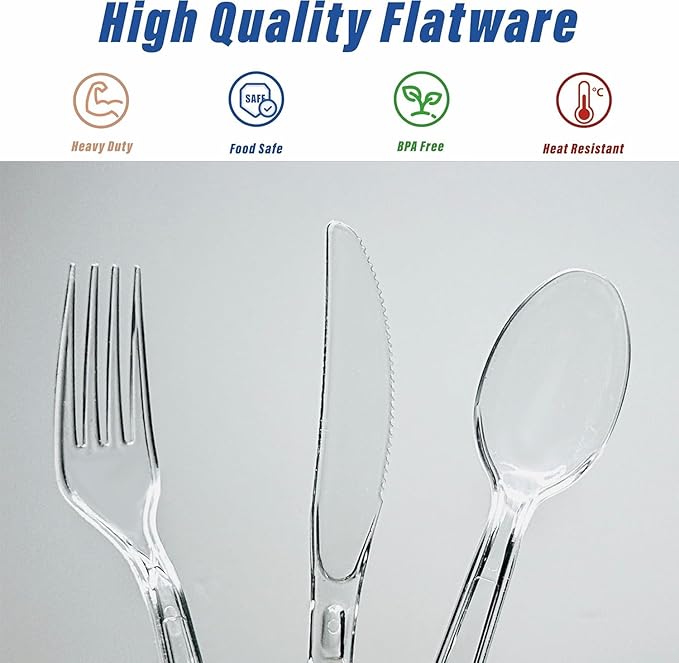 1000 Count Heavy Duty Plastic Silverware, Disposable Clear Plastic Utensils Set, 400 Forks, 400 Spoons, 200 Knives, BPA-Free, Heat Resistant; Cutlery Set for Party