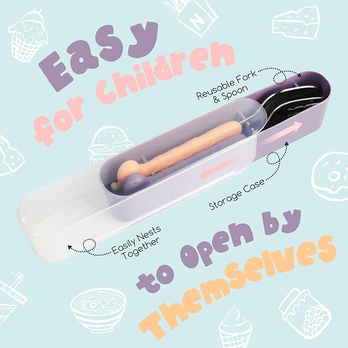 Stainless Steel Travel Kid Cutlery Set with Portable Case, Safe Toddler Spoon and Fork Set for Self-Feeding, Ideal Toddler Utensil Set for School Lunch, Travel, & Outdoors, Dishwasher Safe (Purple)