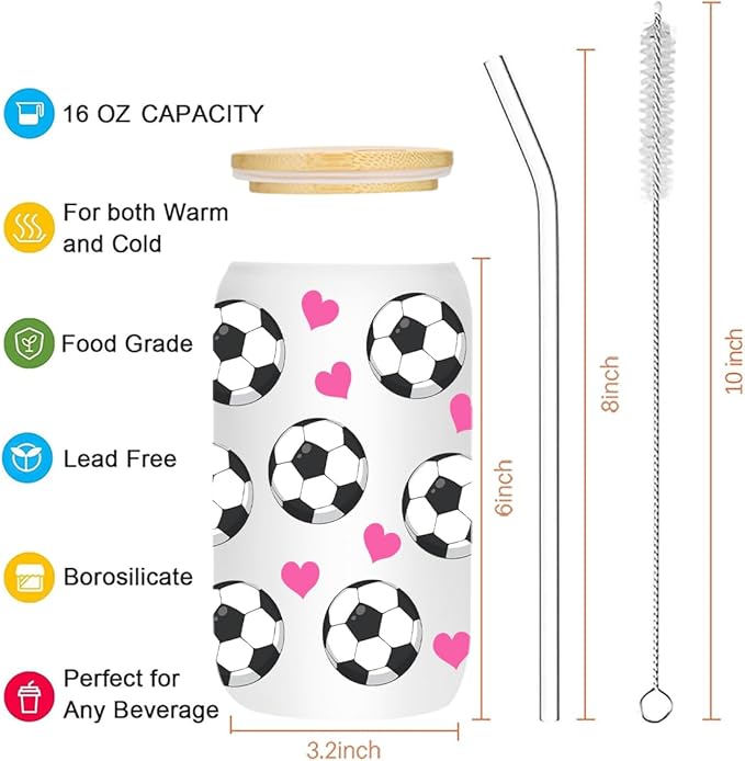 Soccer Gifts, Iced Coffee Cup, 16 oz Glass Cups with Lids Straws, Soccer Accessories, Birthday Christmas Gifts for Women Mom Coach Players Teams Sport Lovers, Party Favors