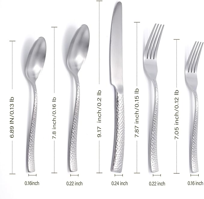 Hand Forged Stainless Steel Flatware Set Silverware Set Cutlery Set Matte Finished Hammered 5 Pieces Service for 1