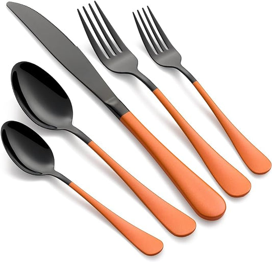 20-Piece Black Silverware Set 18/0 Stainless Steel Silverware Set Orange Handle Cutlery Set Service for 4 Dinner Knives Forks Spoons Set Flatware Set Finish Dishwasher Safe