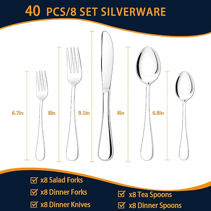 Silverware Set, 40 Piece Stainless Steel Cutlery Sets for 8, Heavy Duty Flatware, Mirror Polished Forks Spoons and Knives Set, Reusable Utensils for Home Kitchen, Dishwasher Safe