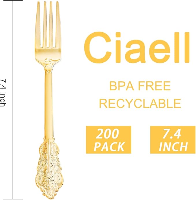Ciaell 200PCS Gold Plastic Forks - Heavy Duty Plastic Forks - 7.48 Inch Heavyweight Gold Forks - Disposable Dessert Forks Perfect for Parties & Weddings & Dinners