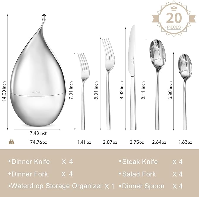 KINGSTONE Silverware Set with Waterdrop Storage Organizer, 20-Piece Forged Flatware Cutlery Set in Gift Box, Premium Stainless Stee Service for 4, Mirror Polished, Ideal for Kitchen, Wedding, Gift