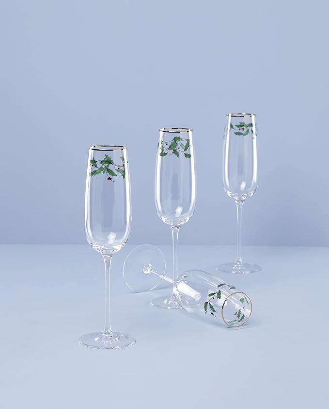 Lenox Glassware, Holiday Decal Flutes, Set of 4, 11-Ounce Capacity, Made From Glass, Dishwasher Safe Flutes, Drinking Glasses Set, Home And Kitchen, Champagne Flute, Champagne Glasses (Clear, 4 Piece)
