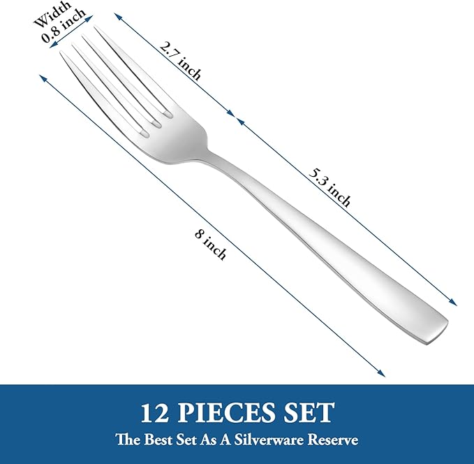 12 Piece Dessert Forks Set, Food-Grade Stainless Steel Silverware Forks, Salad Forks, Metal Forks for Home, Kitchen or Restaurant, Mirror Polished, Dishwasher Safe - 8 Inch