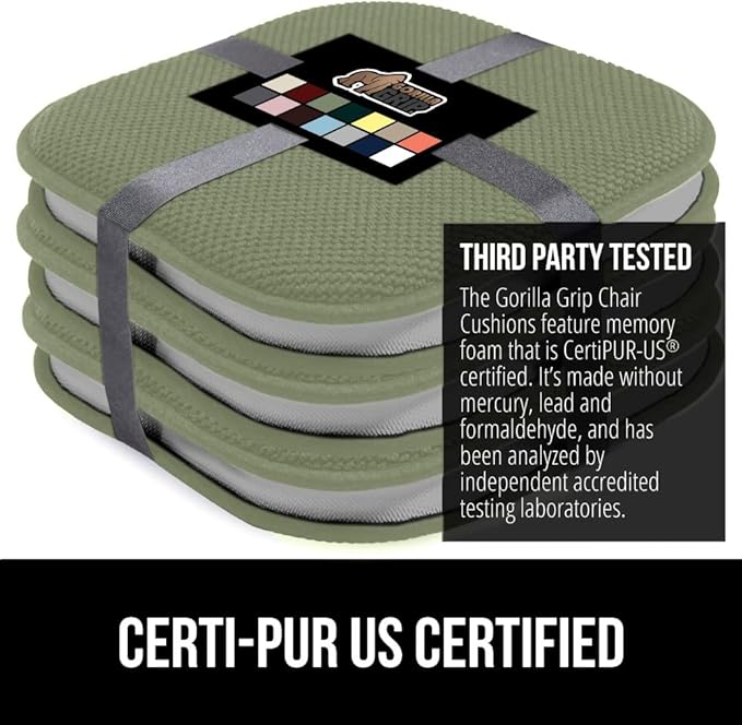 GORILLA GRIP Slip Resistant Chair Cushions, No Ties Required, Set of 6 Memory Foam Pads for Dining Room, Kitchen Table, Office, Rocking Chairs, Plush Seat Cover Cushion Pad, Home Decor, 16x16, Sage