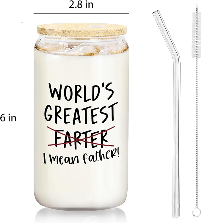 Funny Dad Gifts for Fathers Day Glass Cup with Lids and Straws Cleaning Brush 14oz,Father Dad Birthday Gifts from Daughter Son,World Greatest Farter Glass Coffee Tumbler Drinking Jars