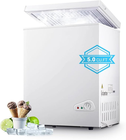 Chest Freezer, Deep Freezer 5 Cubic Feet with Removable Baskets & 6 Adjustable Temperature & Top Open Door, White Mini Deep Freezer Compact Freezer Suitable for Apartments(Down to -18°F)