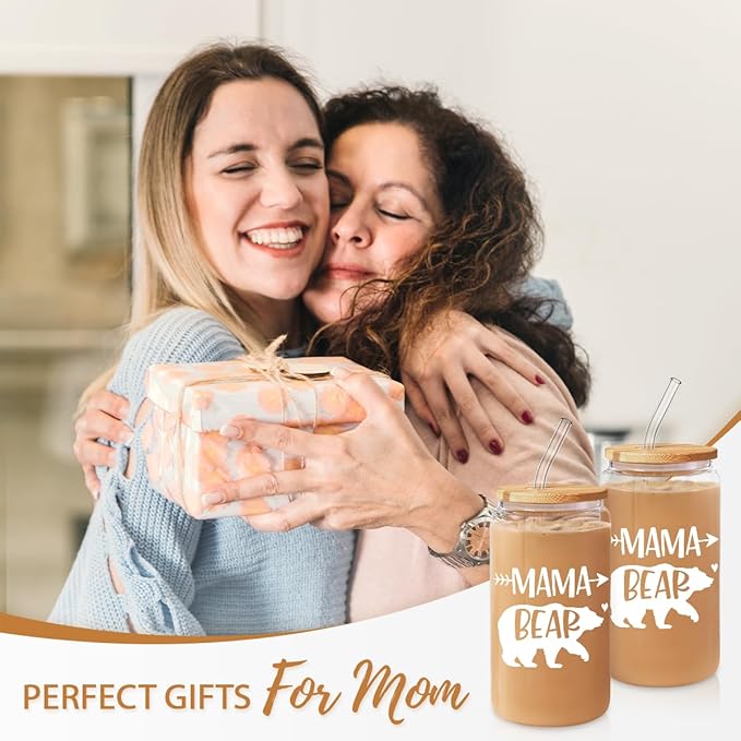 Gifts for Mom from Daughter Son - Mom 16 Oz Can Glass Coffee Cup with Bamboo Lid & Straw - Mothers Gift for Women on Birthday Mothers Day