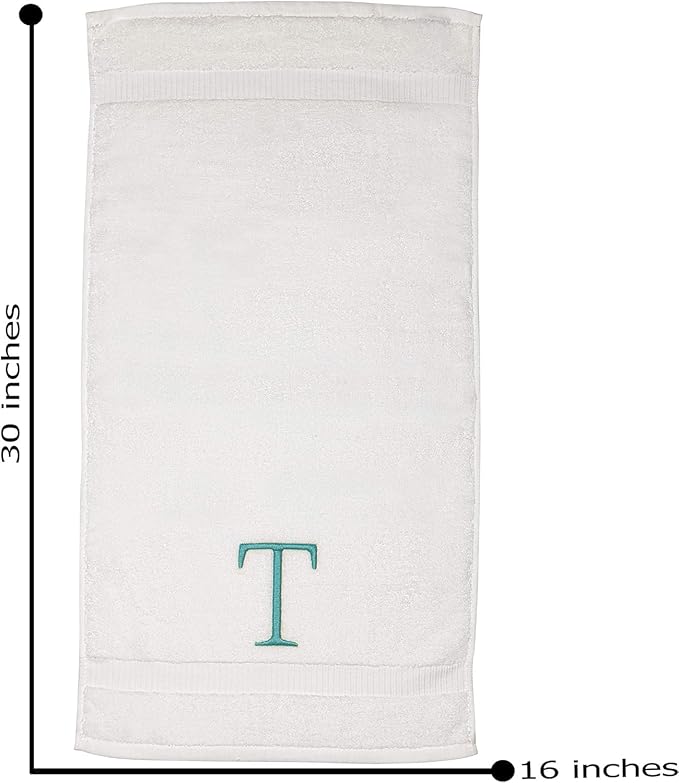 Teal and White Bathroom Hand Towel - Monogrammed Luxury Hotel Quality Decorative Embroidered Towel for Powder Room, Spa - GOTS Organic Certified - Pack of 2, Letter T